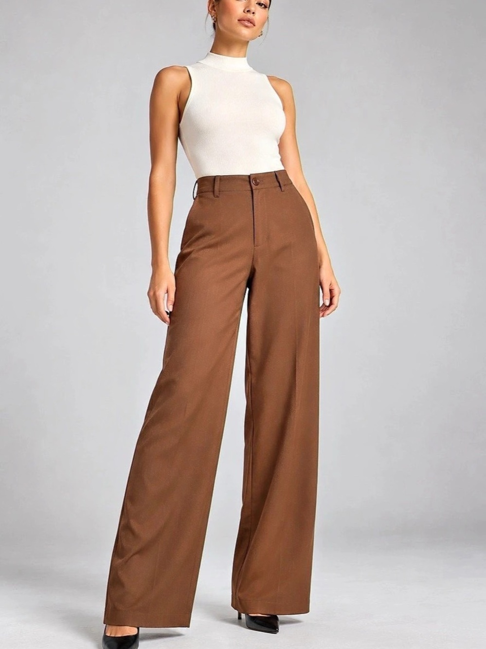 PrettyLittleThing Chocolate Brown High Waist Wide Leg Tailored Trousers – US 6 L